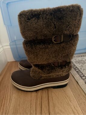 UGG Brown Faux Fur Shearling Winter Boots with Buckle Trim